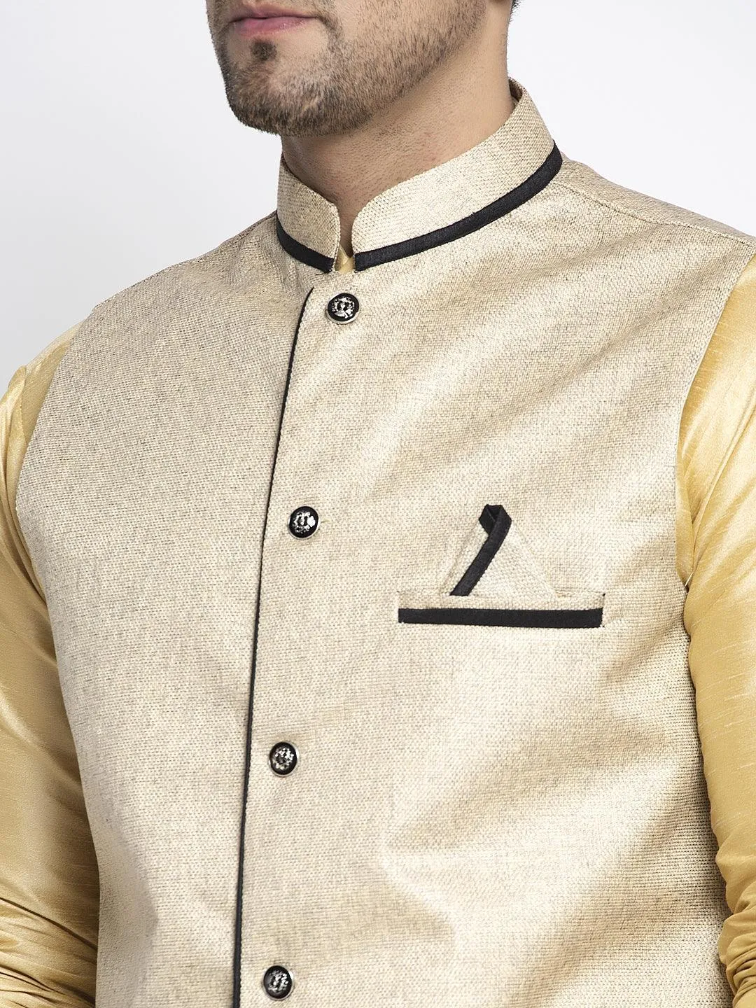 Men's Silk Blend Gold Kurta With Pyjama & Beige Nehru Jacket - Benstoke