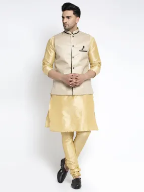 Men's Silk Blend Gold Kurta With Pyjama & Beige Nehru Jacket - Benstoke