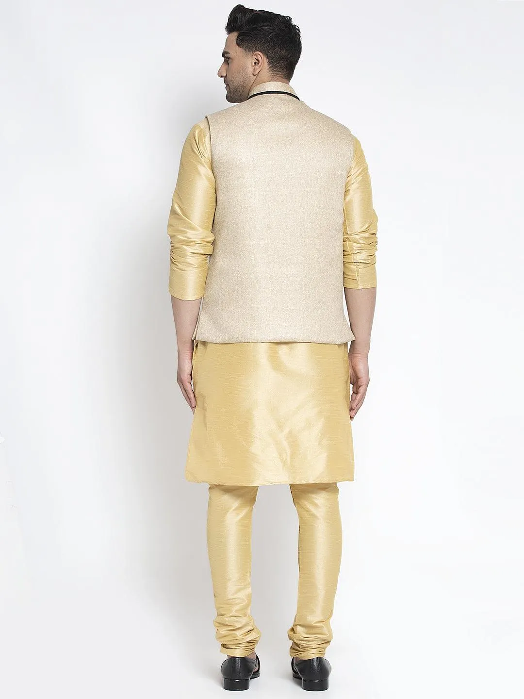 Men's Silk Blend Gold Kurta With Pyjama & Beige Nehru Jacket - Benstoke