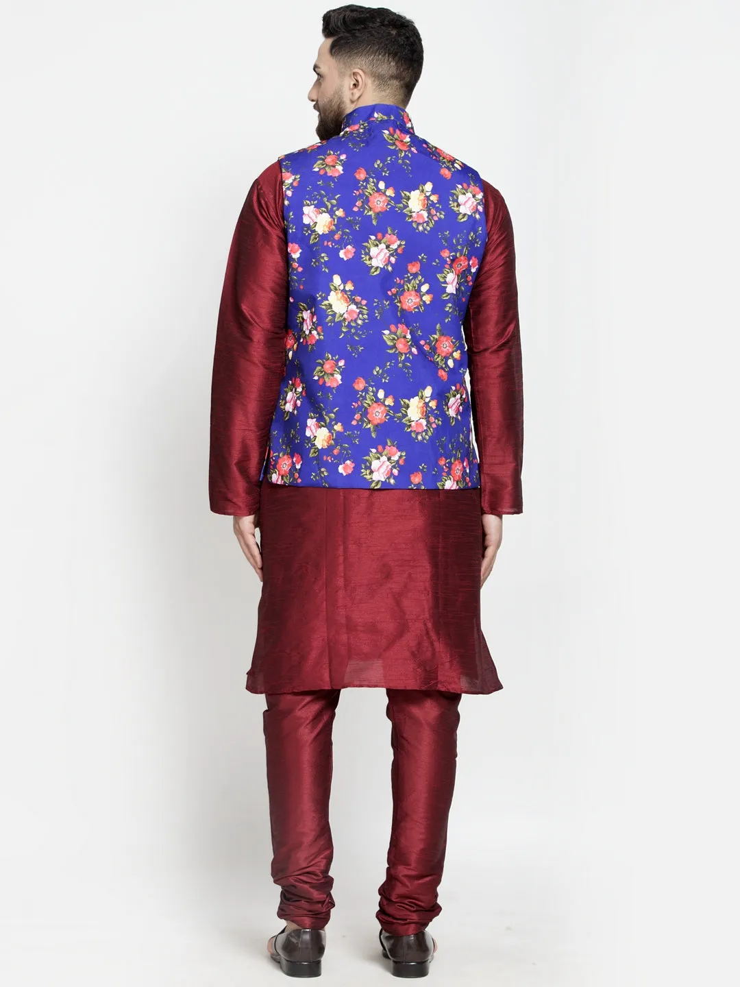 Men's Silk Blend Maroon Kurta With Pyjama & Royal Blue Printed Nehru Jacket - Benstoke