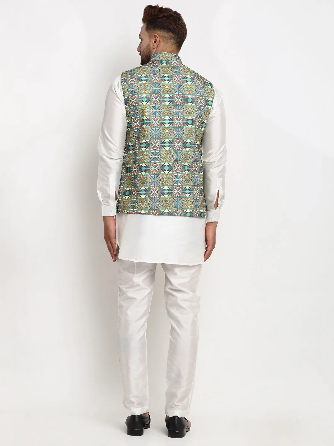 Men's Silk Blend White Kurta With Pyjama & Multi Printed Nehru Jacket - Benstoke