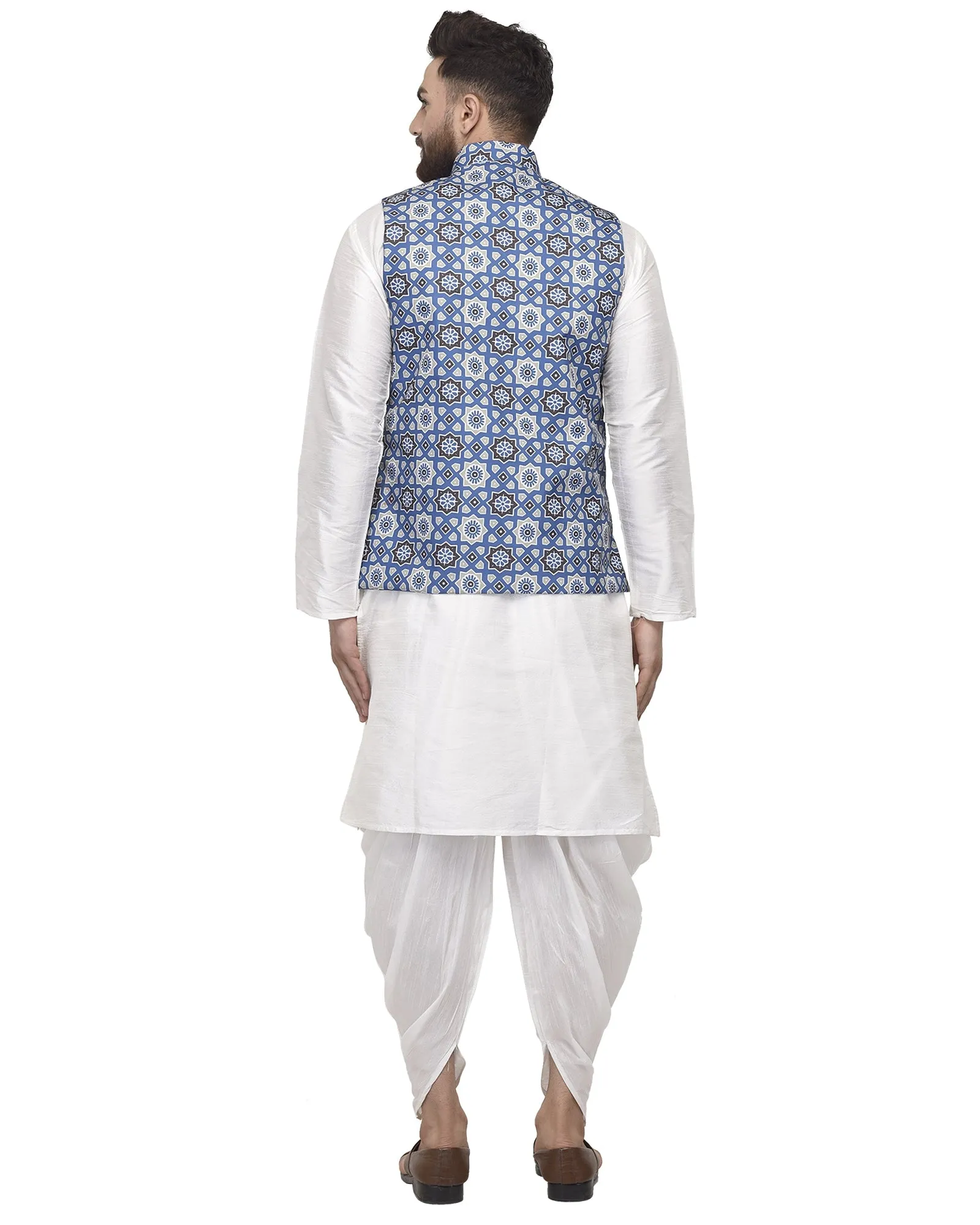 Men's White Kurta With Dhoti & Blue Printed Nehru Jacket - Benstoke