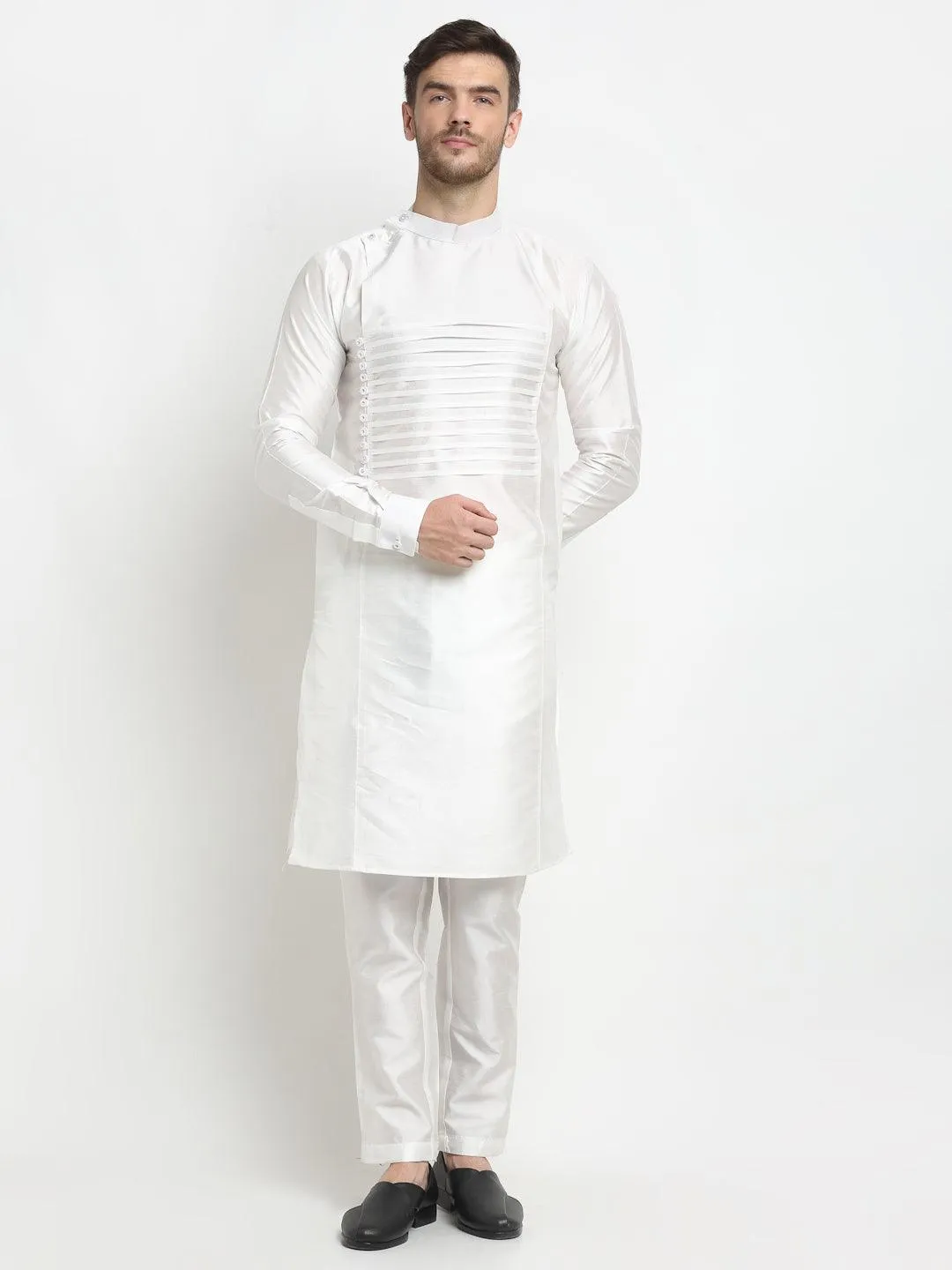 Men's White Solid Kurta With Churidaar Pyjama - Benstoke