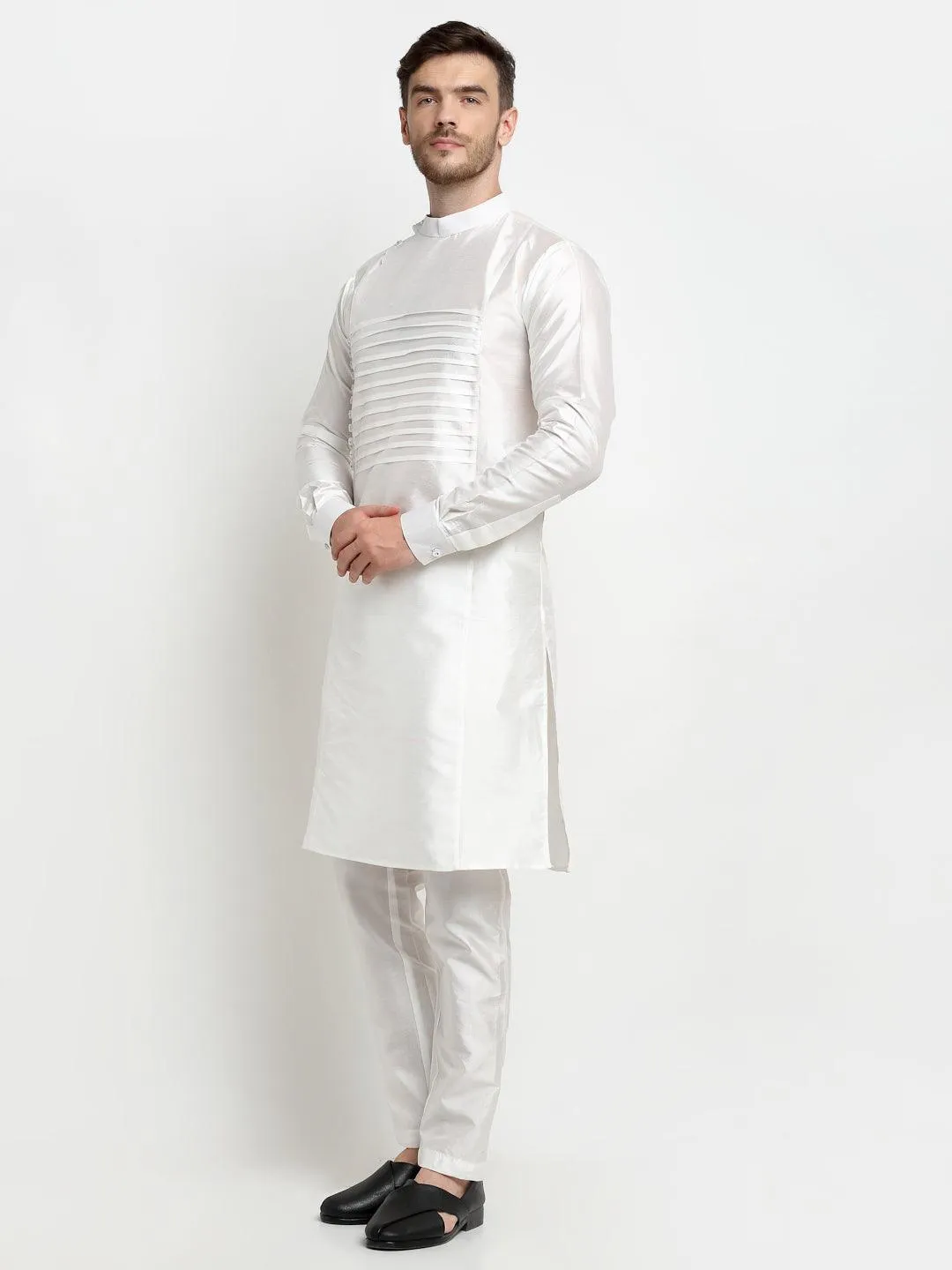 Men's White Solid Kurta With Churidaar Pyjama - Benstoke