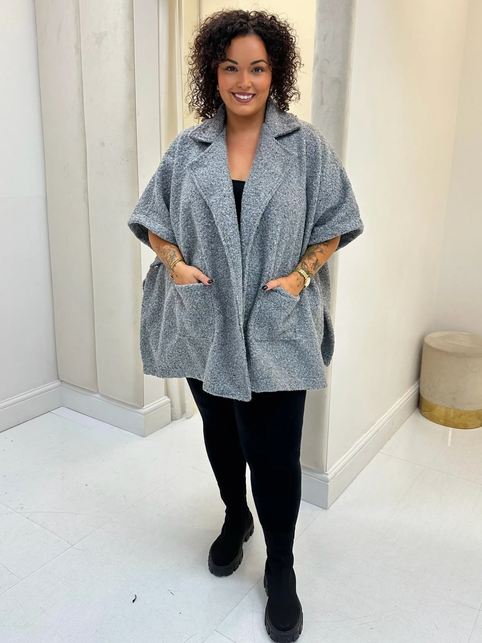 Missy Grey Teddy Bear Open Side Poncho