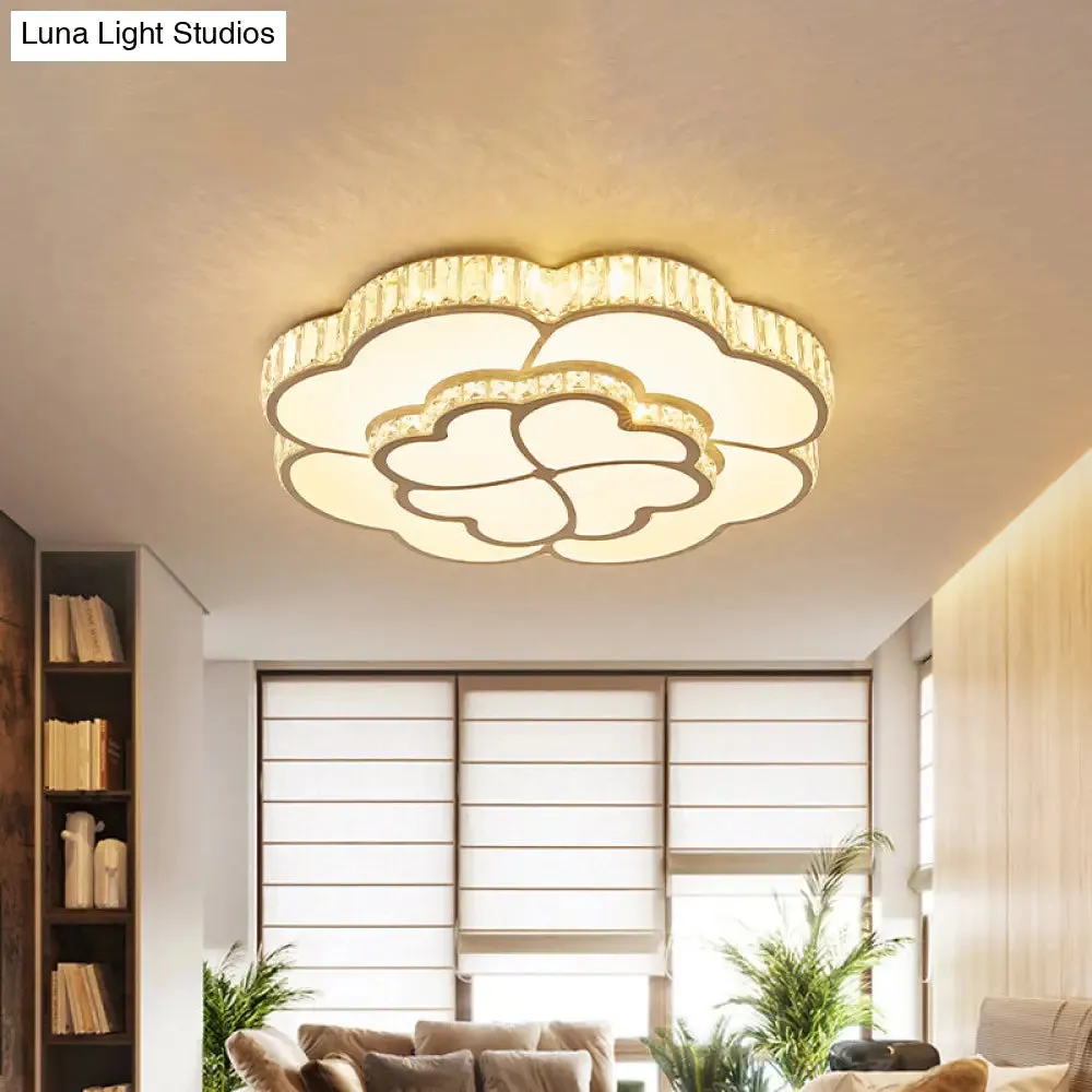 Modern 2-Layer Clover Crystal Flush Light LED Ceiling Lamp - White, 16"/19.5" Wide