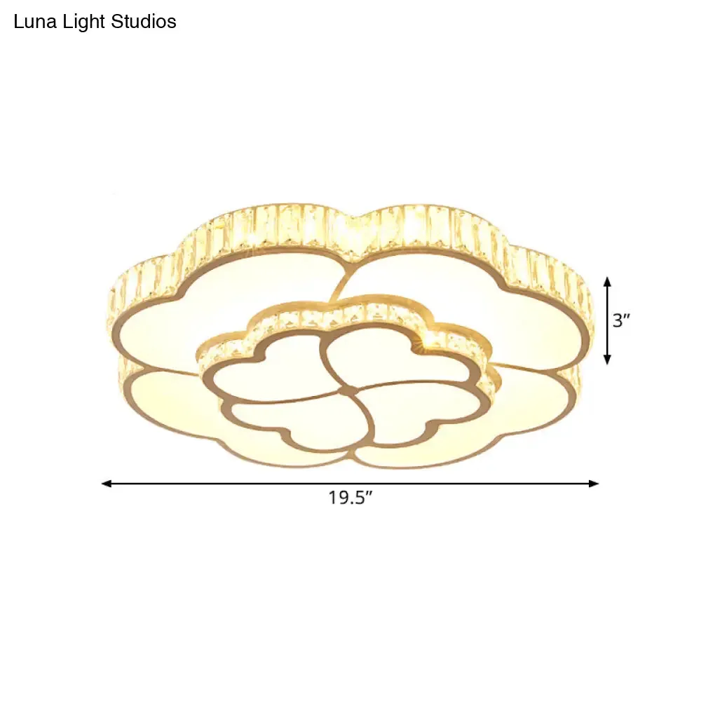 Modern 2-Layer Clover Crystal Flush Light LED Ceiling Lamp - White, 16"/19.5" Wide