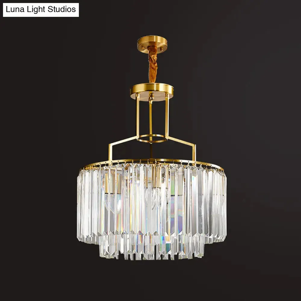 Modern Prismatic Crystal Brass Chandelier – 2-Layer Drum Design with 3 Bulbs – Stylish Hanging Light Fixture