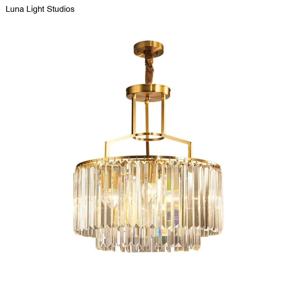 Modern Prismatic Crystal Brass Chandelier – 2-Layer Drum Design with 3 Bulbs – Stylish Hanging Light Fixture