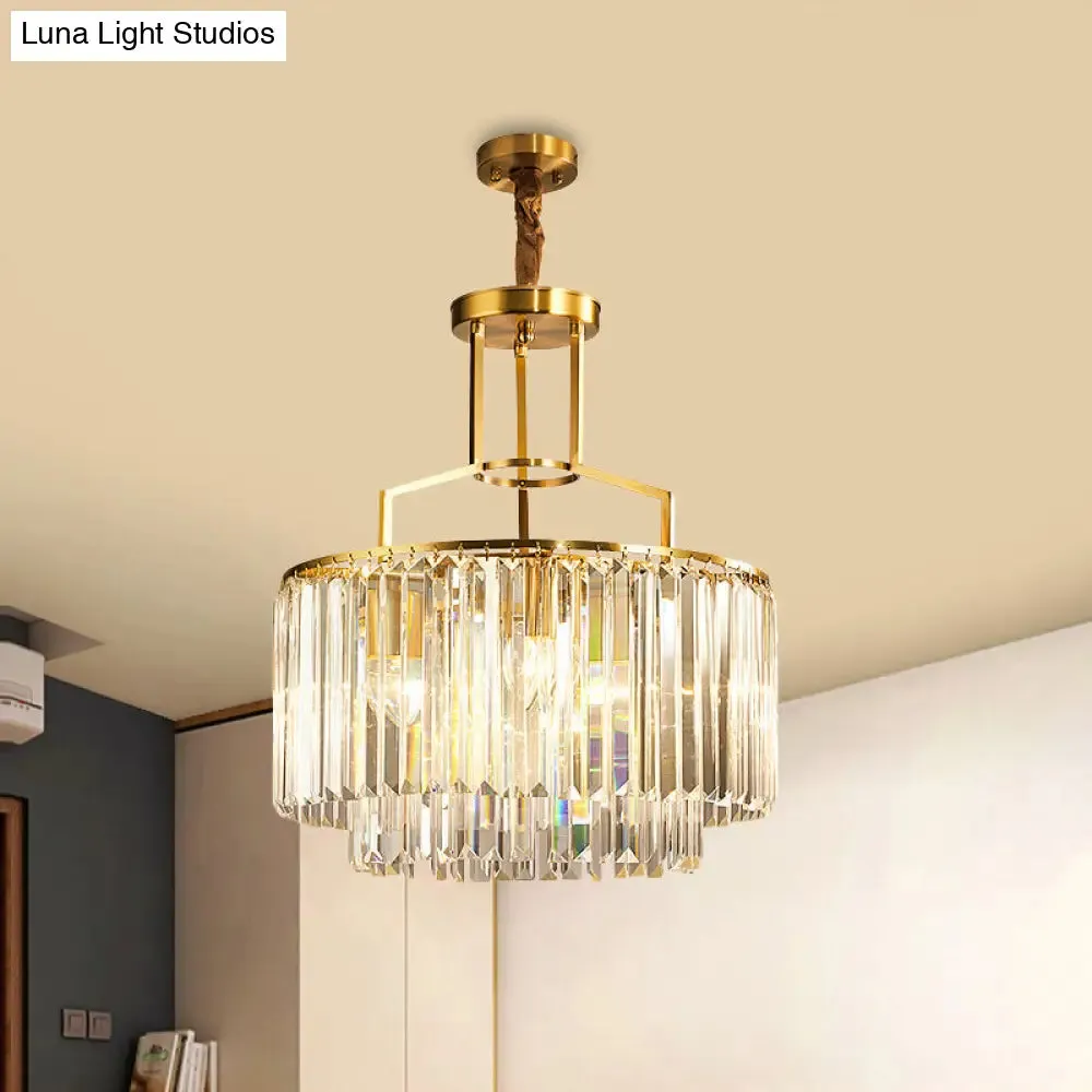 Modern Prismatic Crystal Brass Chandelier – 2-Layer Drum Design with 3 Bulbs – Stylish Hanging Light Fixture