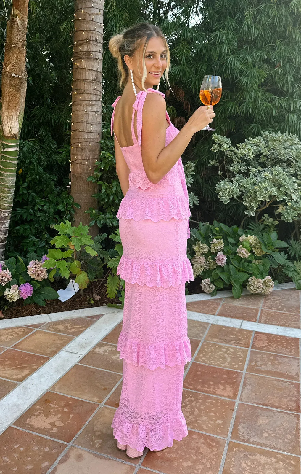 Monique Tie Maxi Dress ~ Pink Lovely Lace