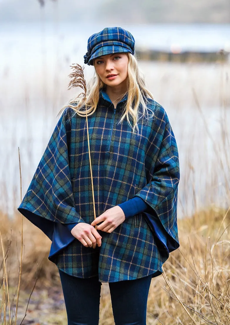 Mucros Half Zip Poncho | Navy Green Check