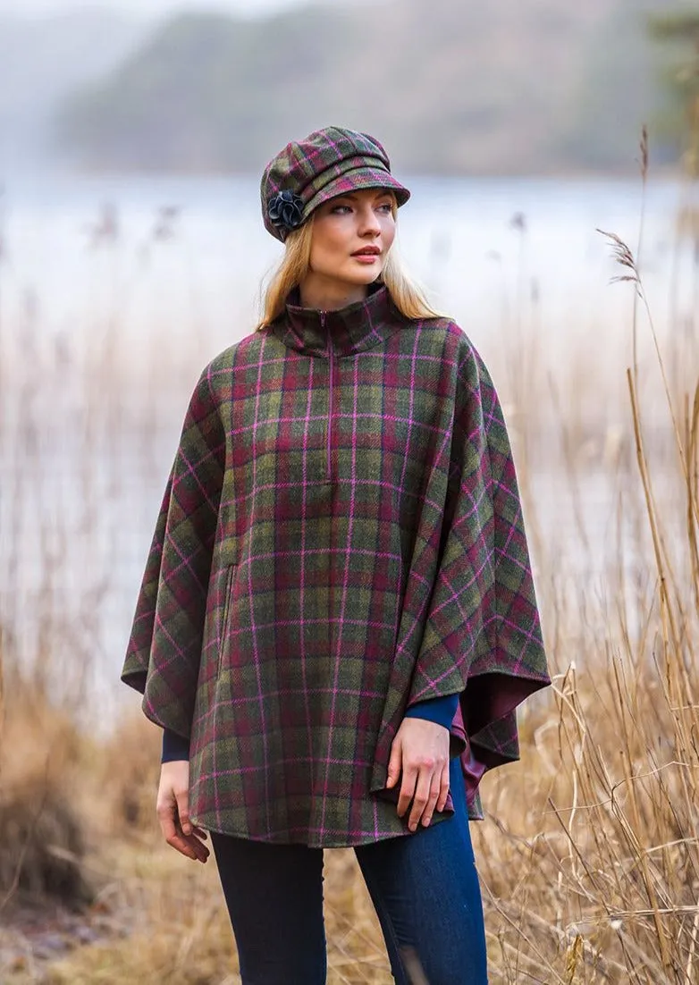 Mucros Half Zip Poncho | Olive Pink Check