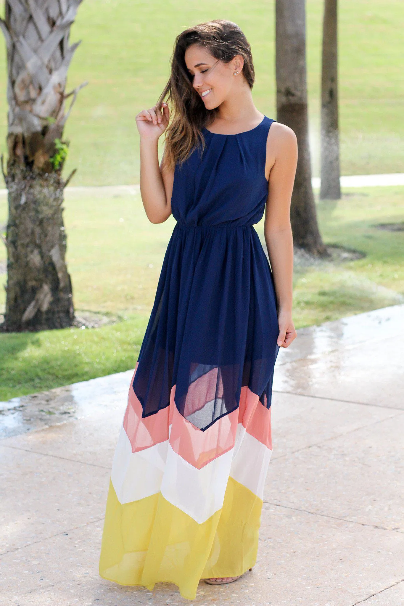 Navy and Yellow Chevron Maxi Dress