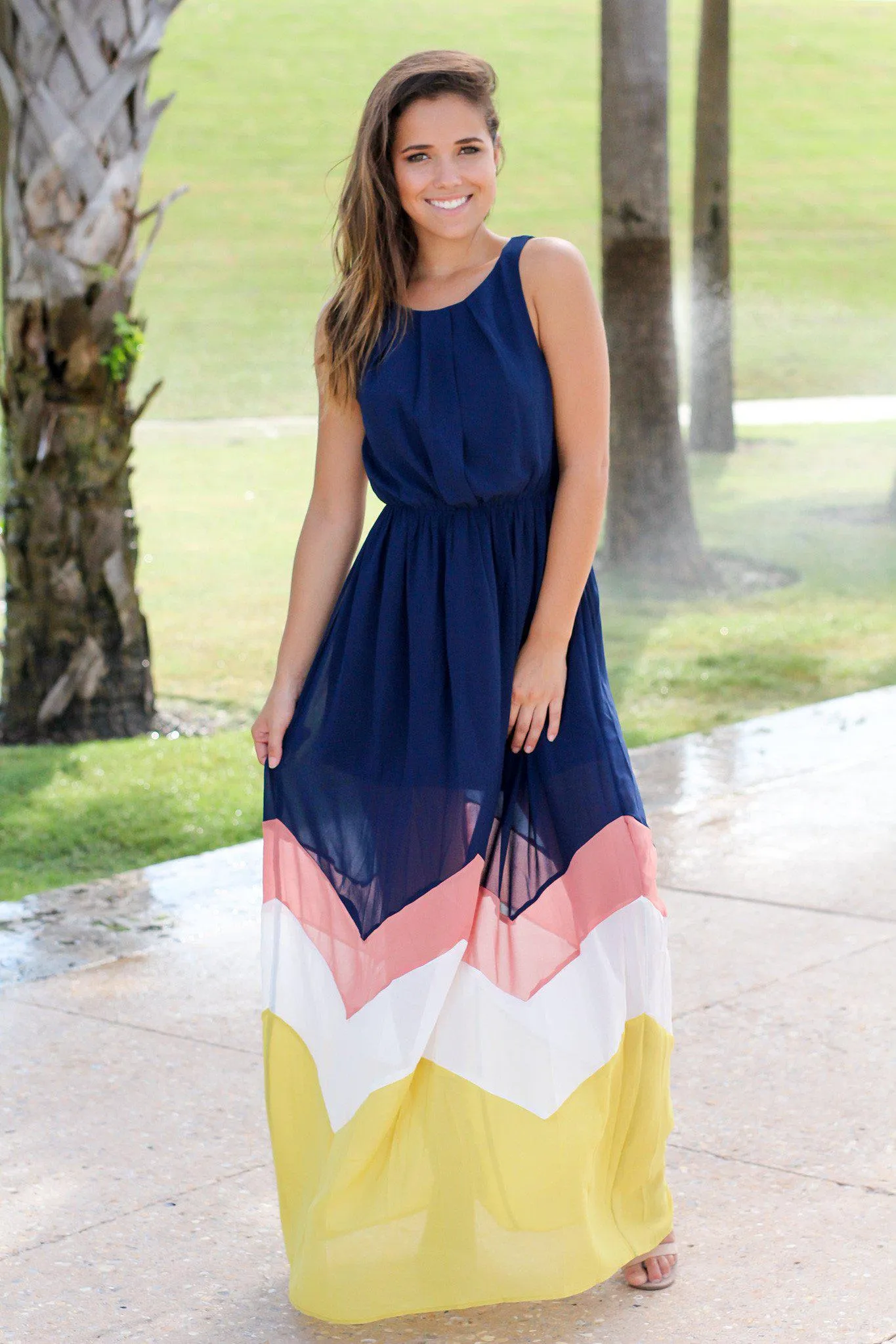 Navy and Yellow Chevron Maxi Dress