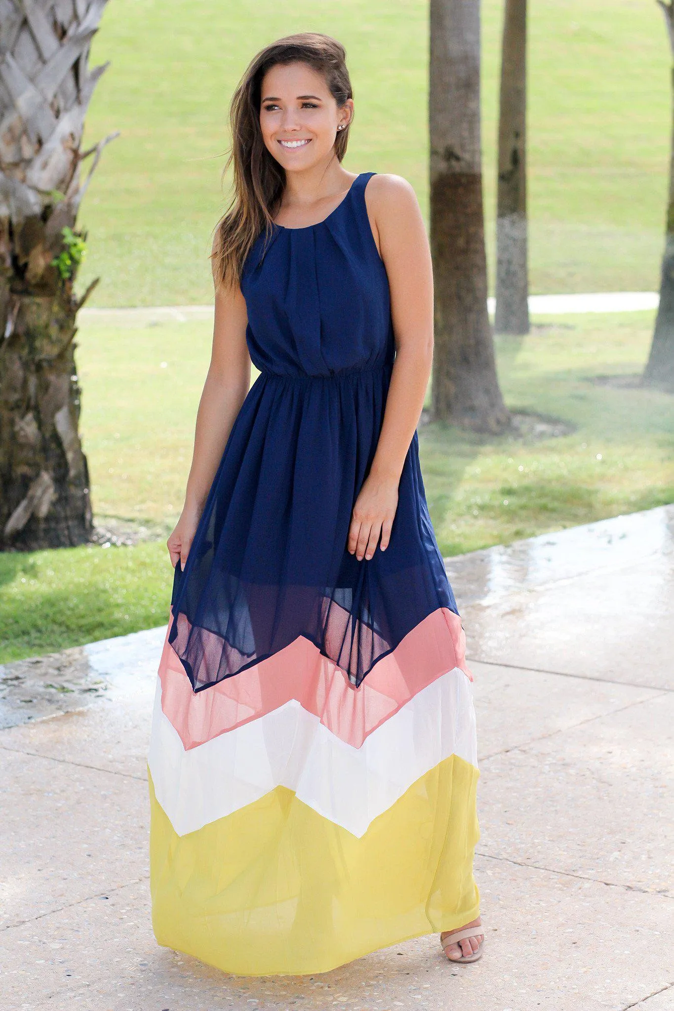 Navy and Yellow Chevron Maxi Dress