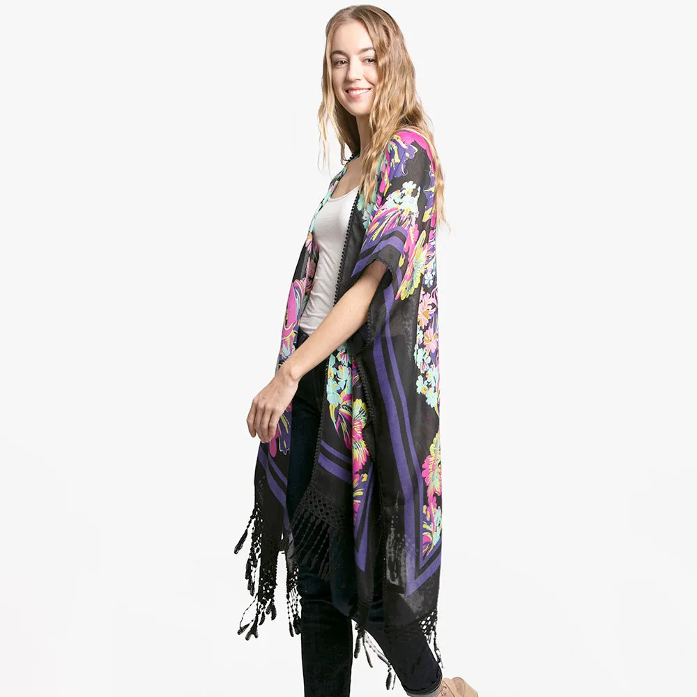 Navy Floral Patterned Lace Cover Up Kimono Poncho