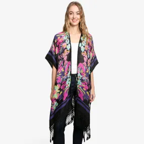 Navy Floral Patterned Lace Cover Up Kimono Poncho