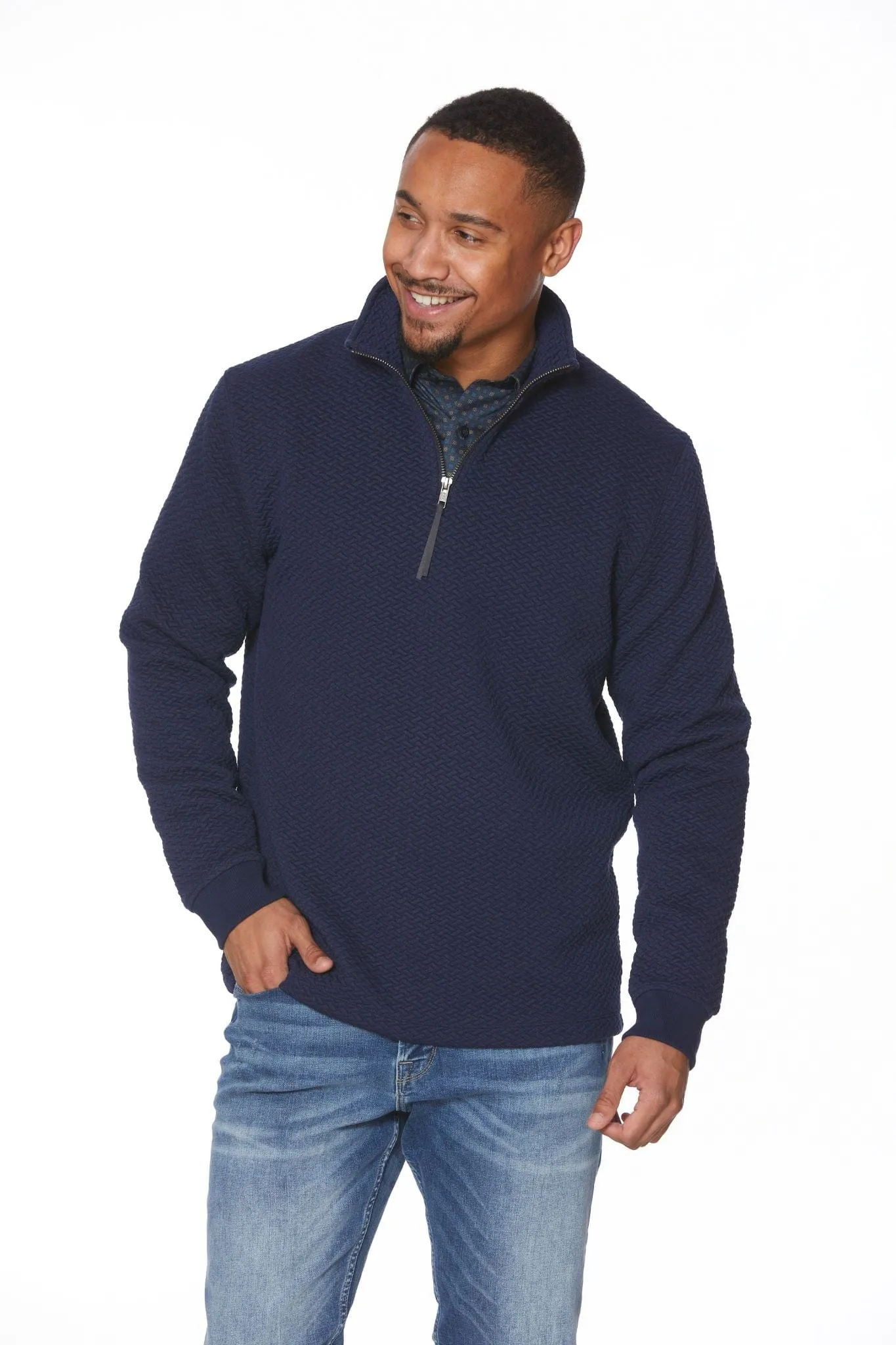 Navy Mockneck Quarter Zip Knit Pullover Sweater for Men