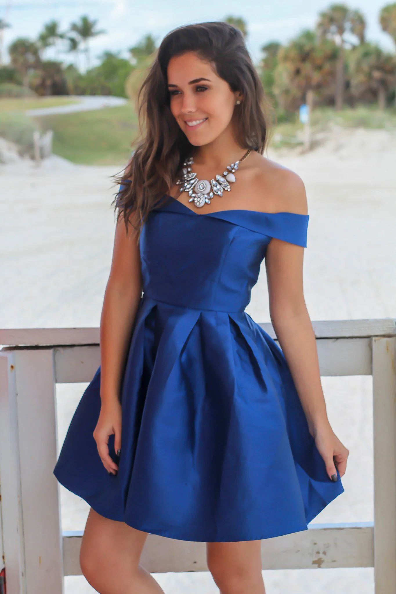 Navy Off Shoulder Short Dress