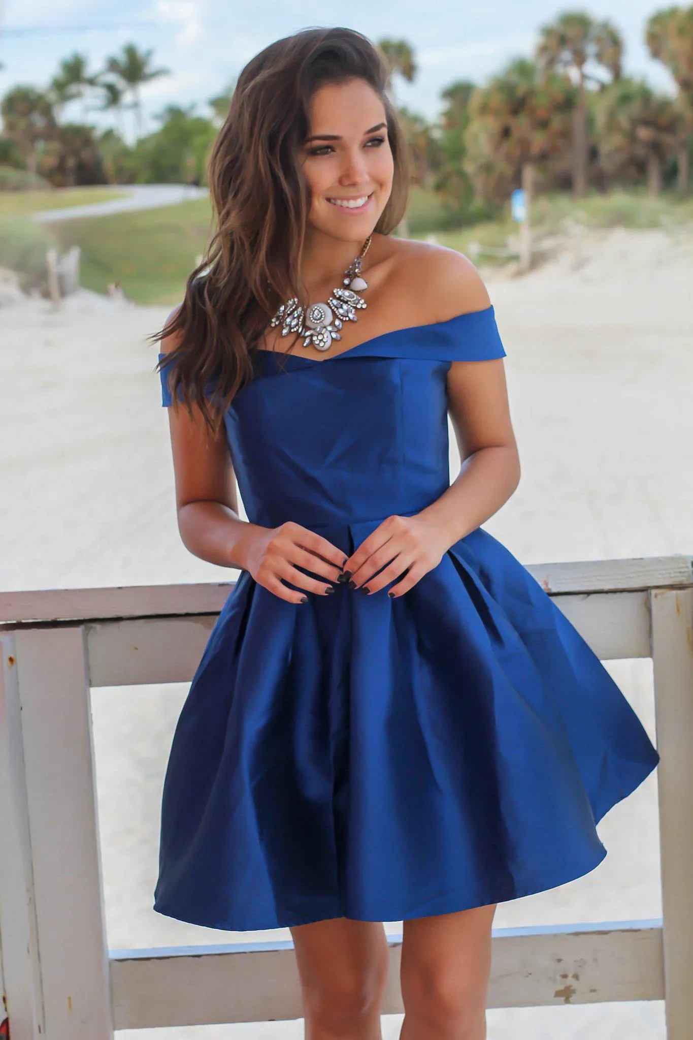 Navy Off Shoulder Short Dress