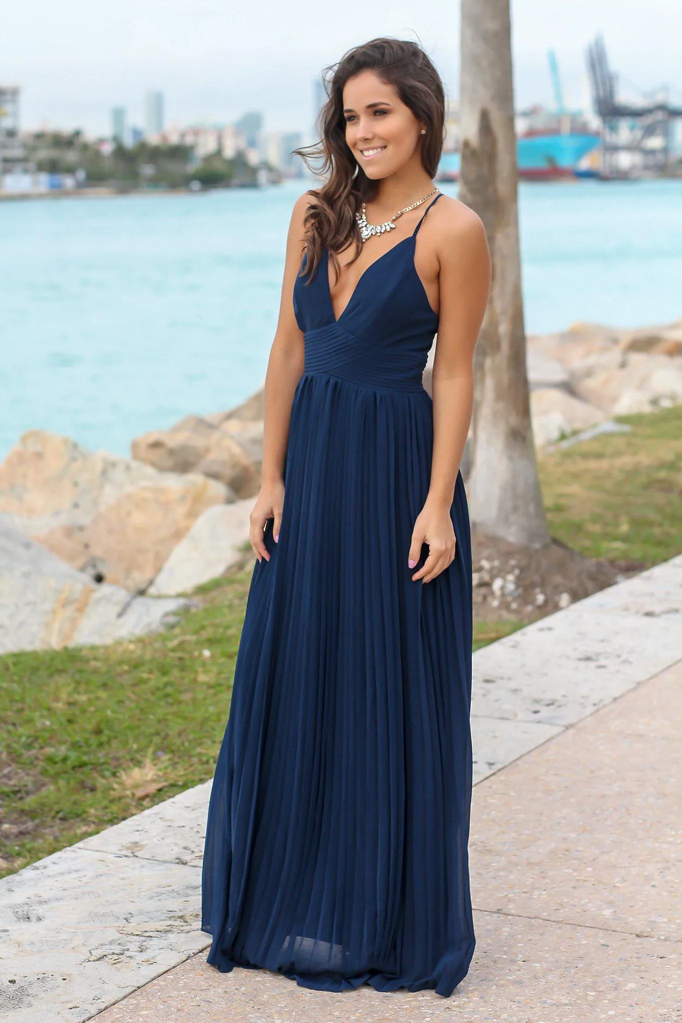 Navy Pleated Maxi Dress with Criss Cross Back