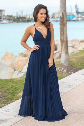 Navy Pleated Maxi Dress with Criss Cross Back