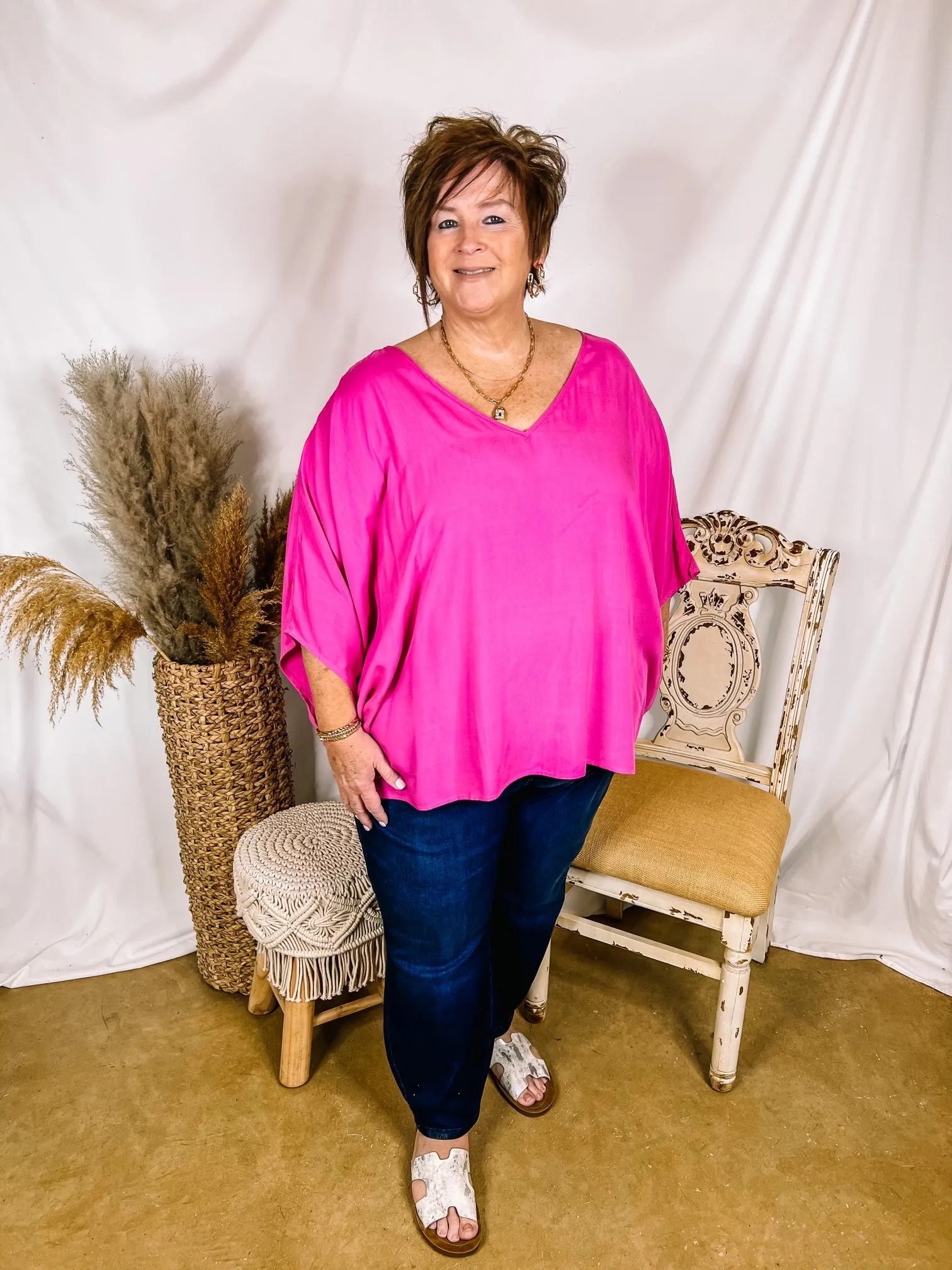 No Rules V Neck Poncho Top in Fuchsia Pink