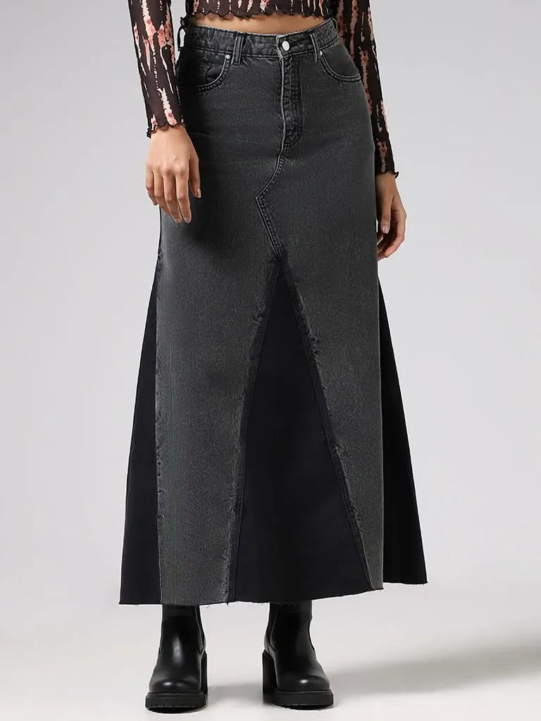 Nuon Grey Pleat Accent Denim Maxi Skirt