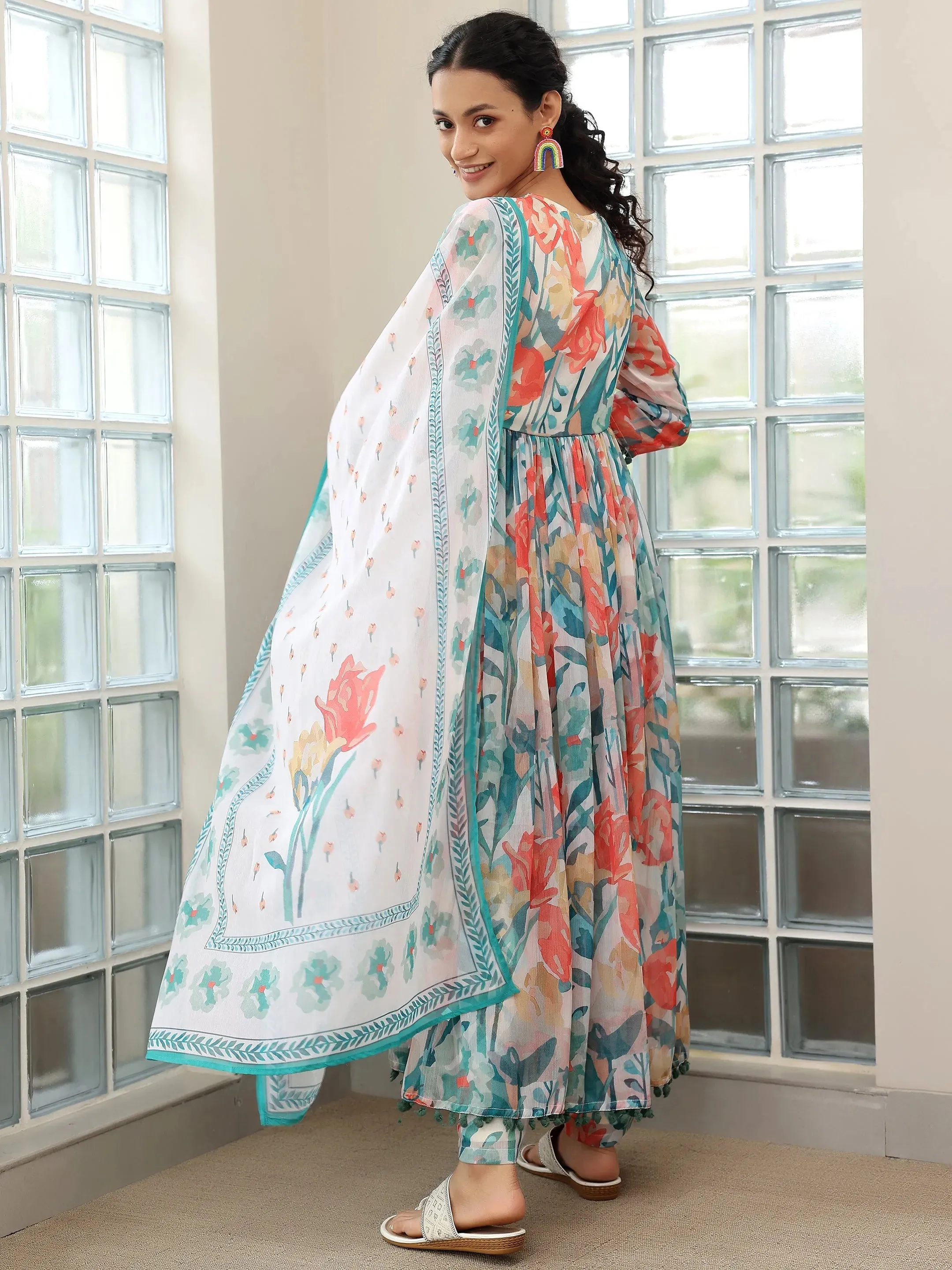 Off white Printed Poly Chiffon A-Line Kurta With Palazzos & Dupatta