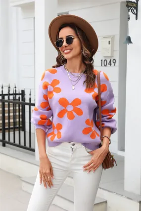 Orange Floral Print Round Neck Dropped Shoulder Pullover Sweater