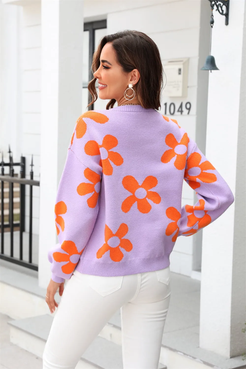 Orange Floral Print Round Neck Dropped Shoulder Pullover Sweater