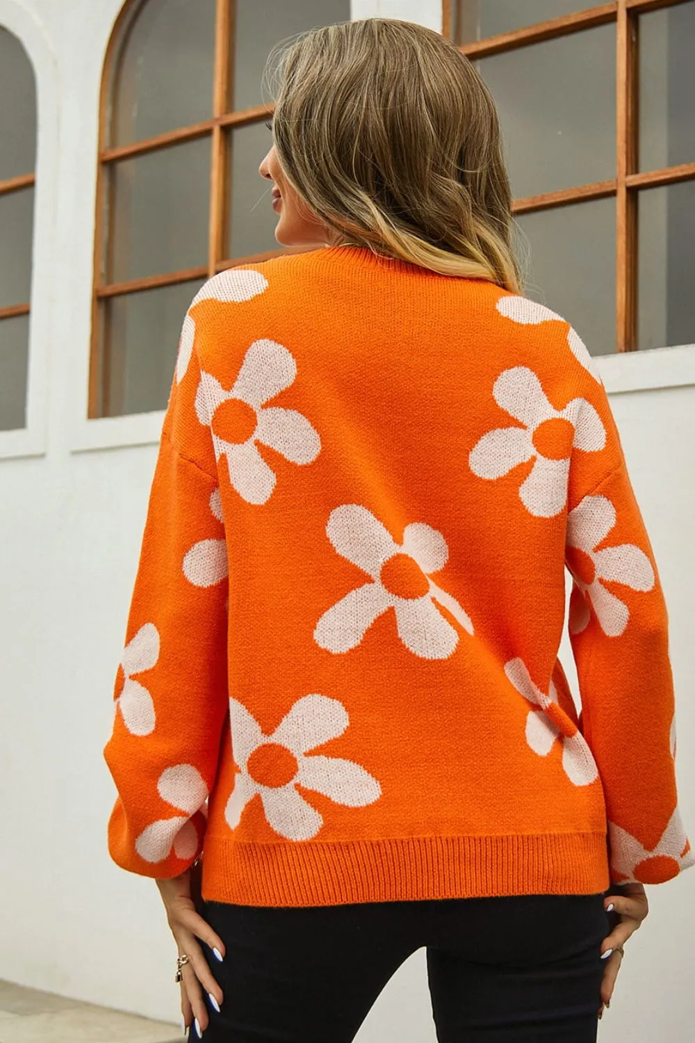 Orange Floral Print Round Neck Dropped Shoulder Pullover Sweater