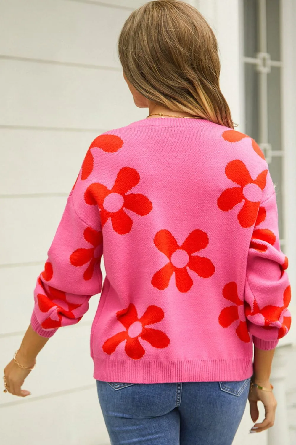 Orange Floral Print Round Neck Dropped Shoulder Pullover Sweater