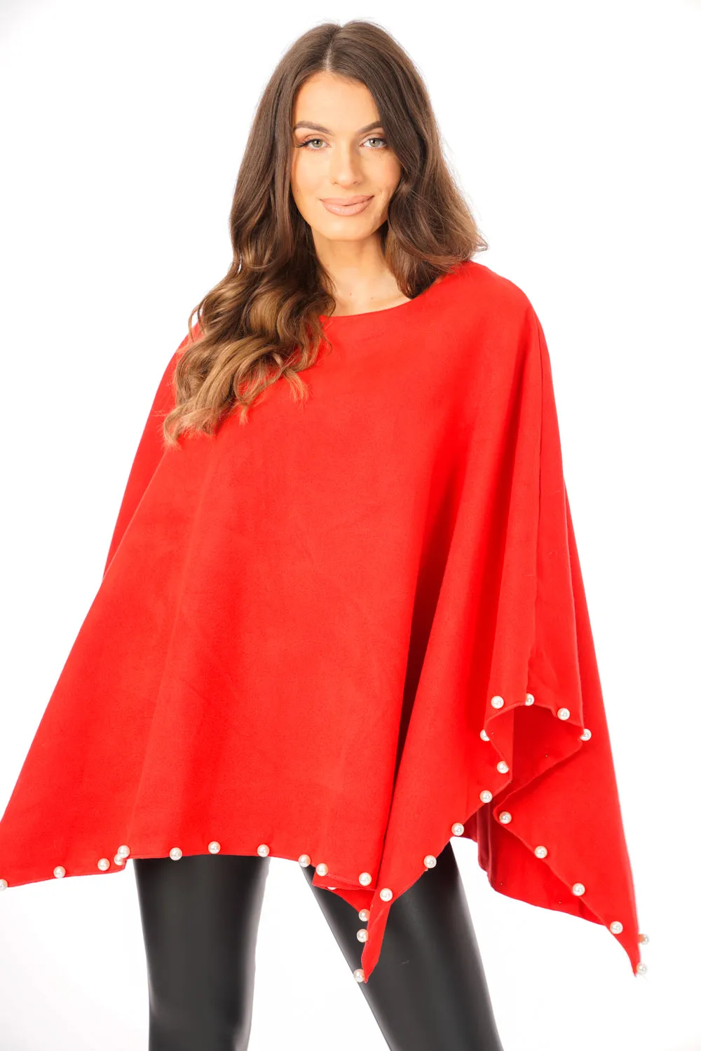 Oversized Felt Pull Over Poncho with Pearl Detail