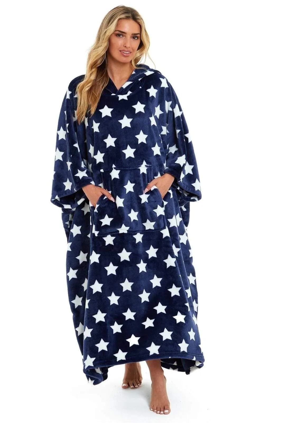 Oversized Hooded Fleece Poncho Blanket with Stars and Polka Dots Plush Wearable Blanket with Front Pocket for Adults Indoor Outdoor by Daisy Dreamer