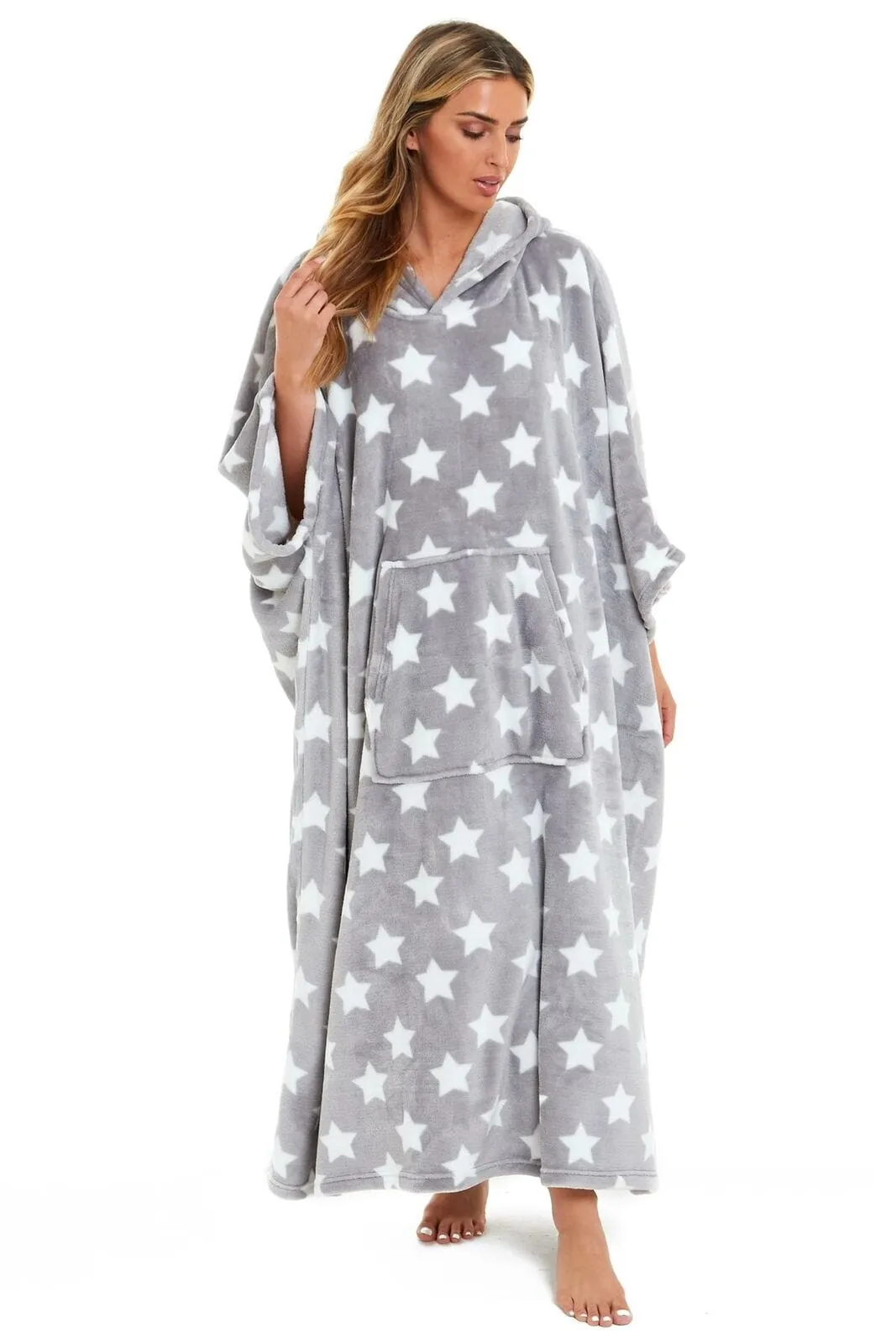 Oversized Hooded Fleece Poncho Blanket with Stars and Polka Dots Plush Wearable Blanket with Front Pocket for Adults Indoor Outdoor by Daisy Dreamer