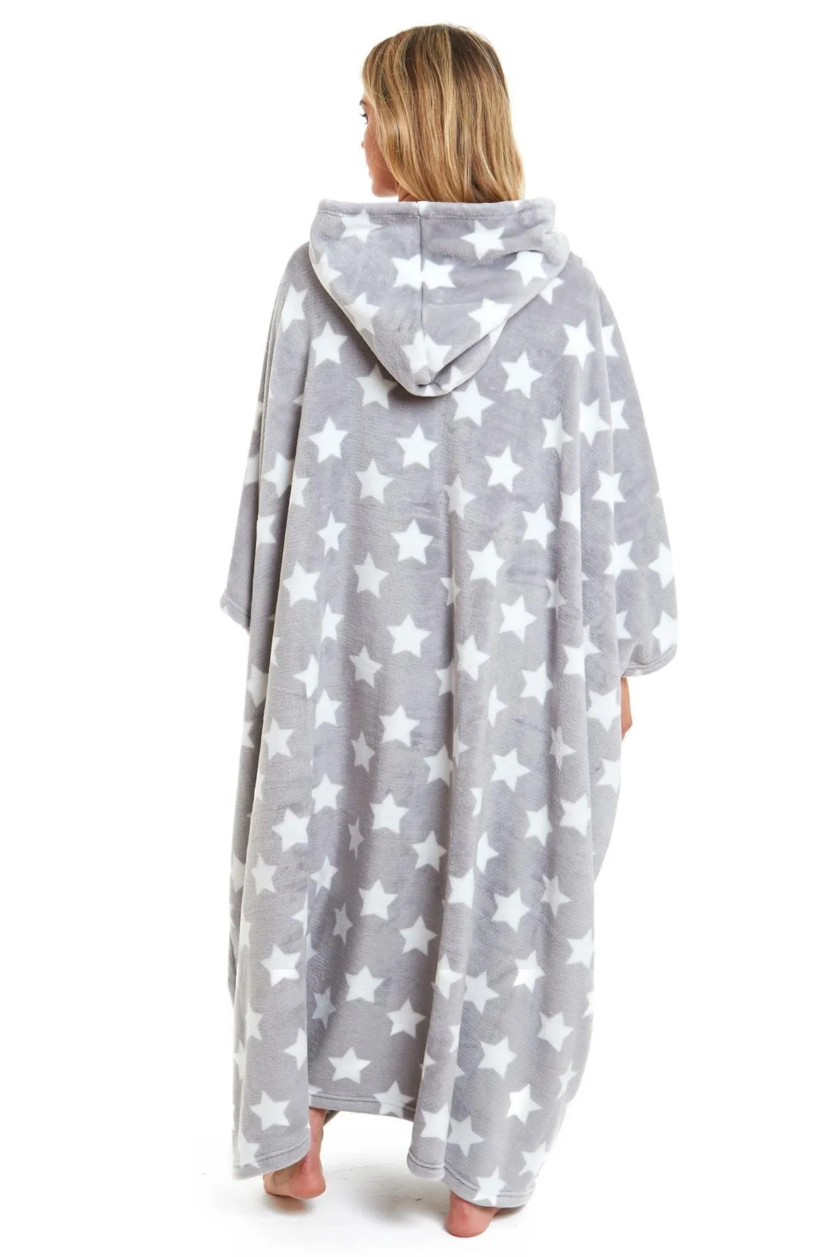 Oversized Hooded Fleece Poncho Blanket with Stars and Polka Dots Plush Wearable Blanket with Front Pocket for Adults Indoor Outdoor by Daisy Dreamer