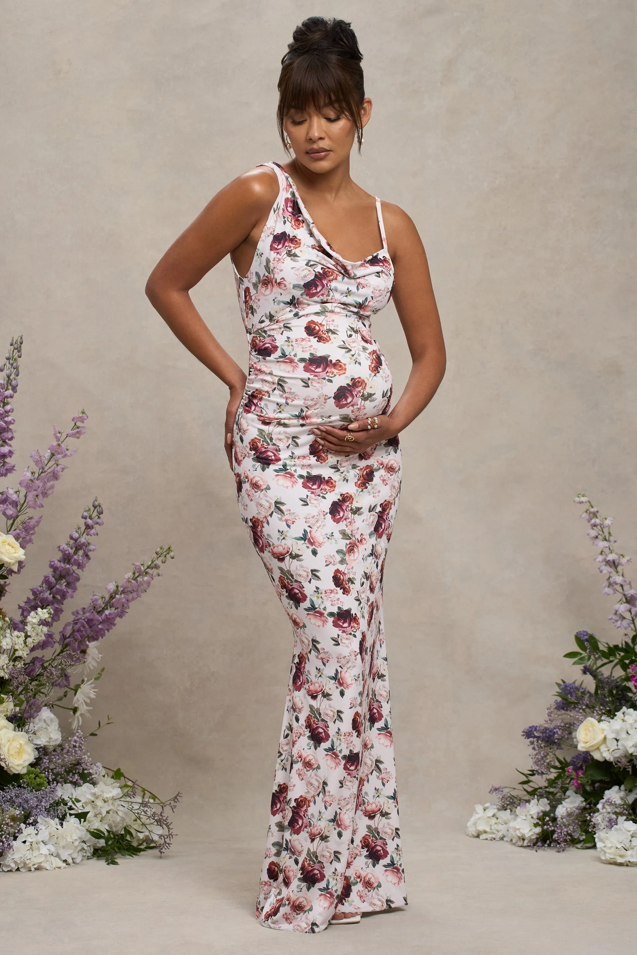 Phantasy | White Floral Maternity Cowl Neck Maxi Dress