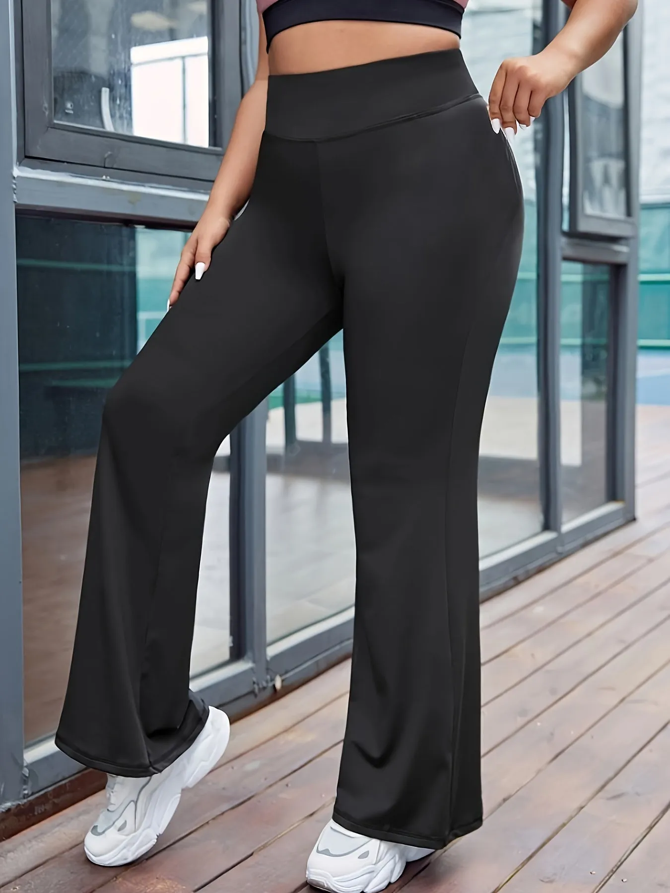 Plus Size High Rise Medium Stretch Flared Leg Trousers - Solid Style for Active Women