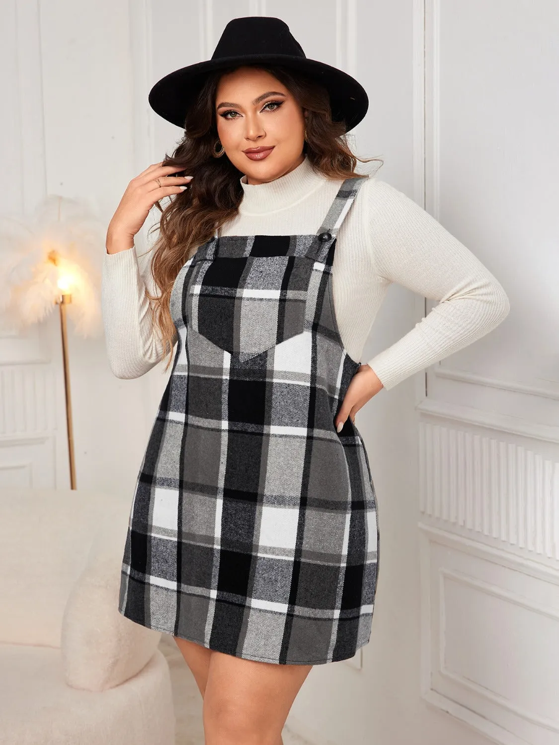 Plus Size Plaid Wide Strap Overall Dress