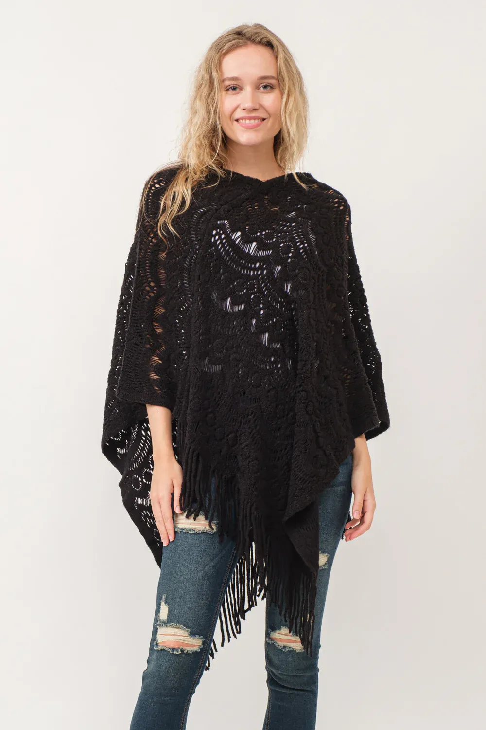 Poncho - Knit Scallop Cut - Black