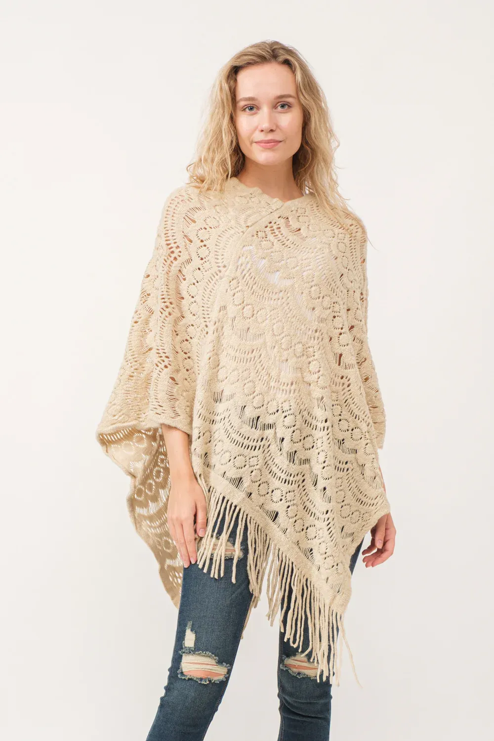 Poncho - Knit Scallop Cut - Cream