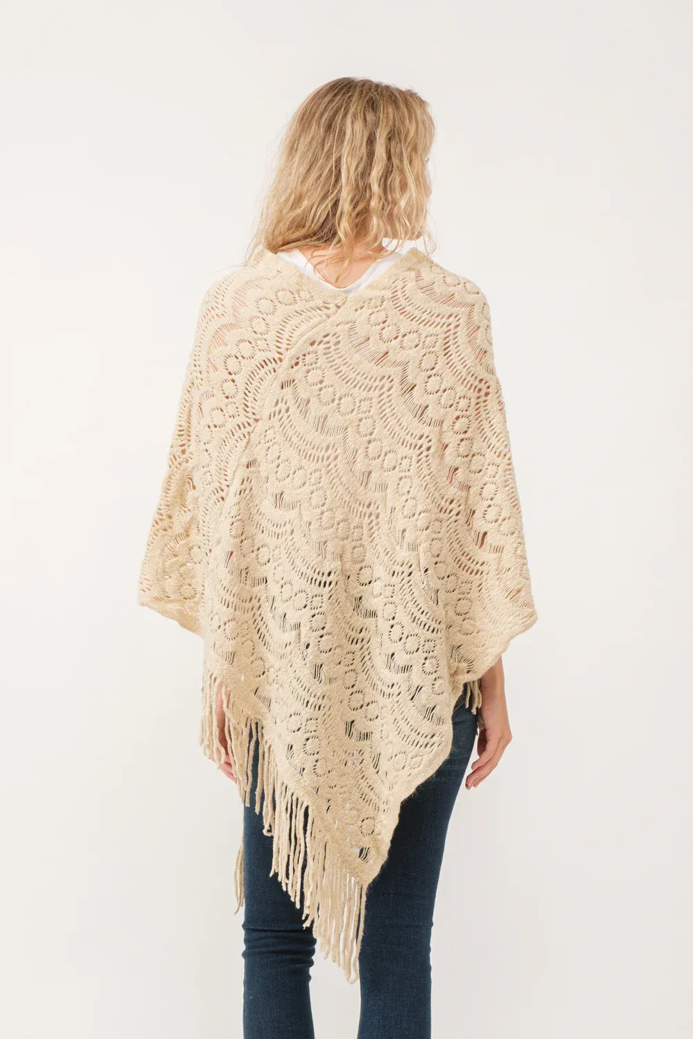 Poncho - Knit Scallop Cut - Cream