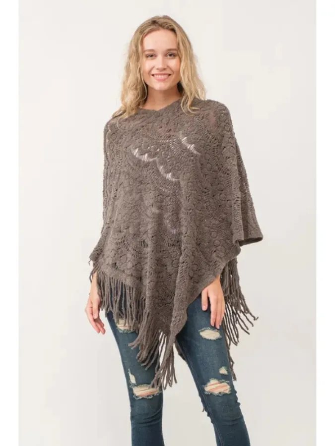 Poncho - Knit Scallop Cut - Grey