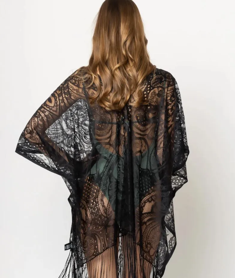 Poncho - Lace With Fringe - Black