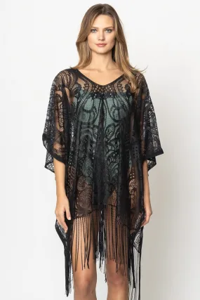 Poncho - Lace With Fringe - Black