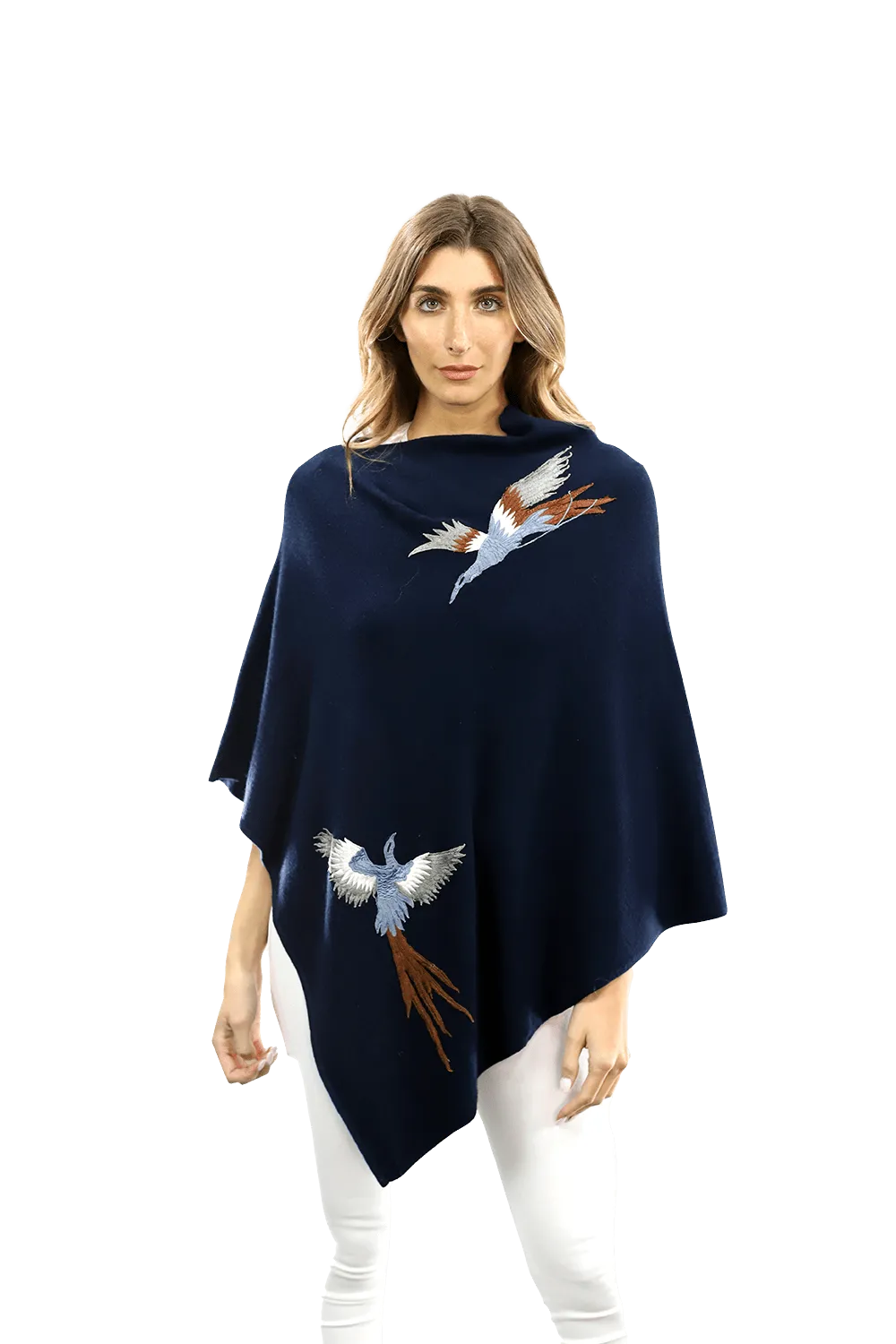 Poncho with Embroidered Phoenix - Navy