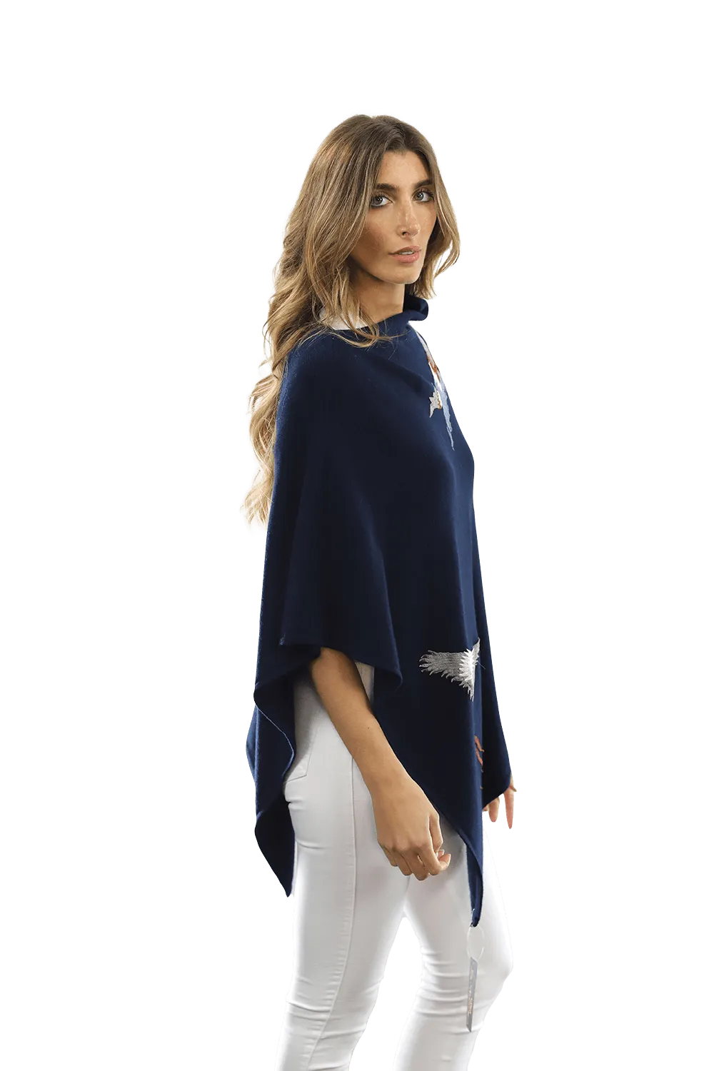 Poncho with Embroidered Phoenix - Navy