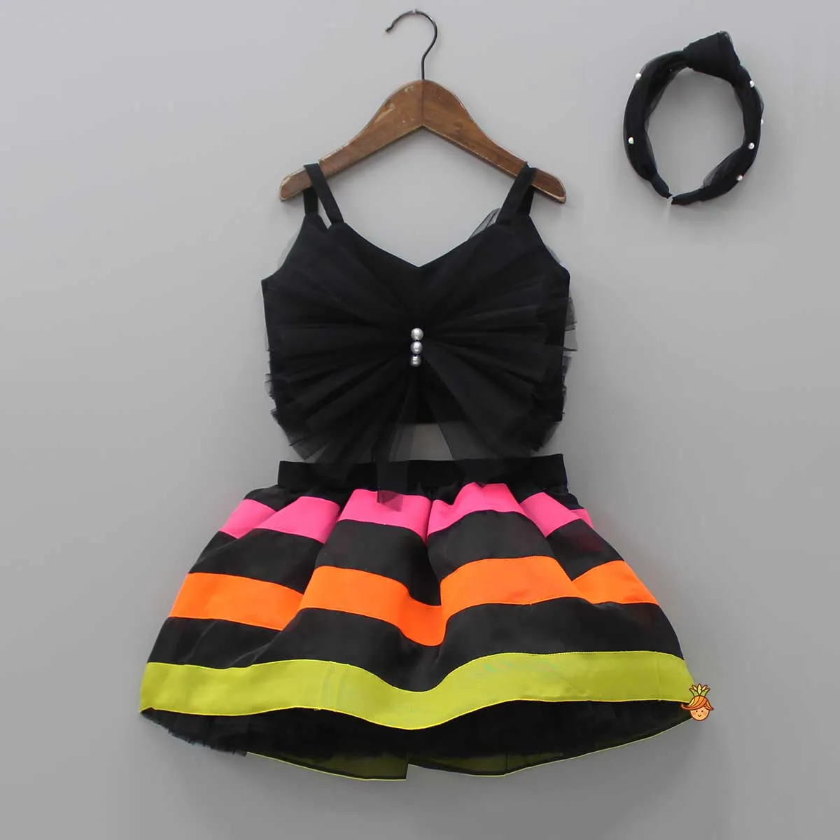 Pre Order: Black Frilly Bow Top And Multi Colour Lace Applique Skirt With Matching Pearl Work Hair Band